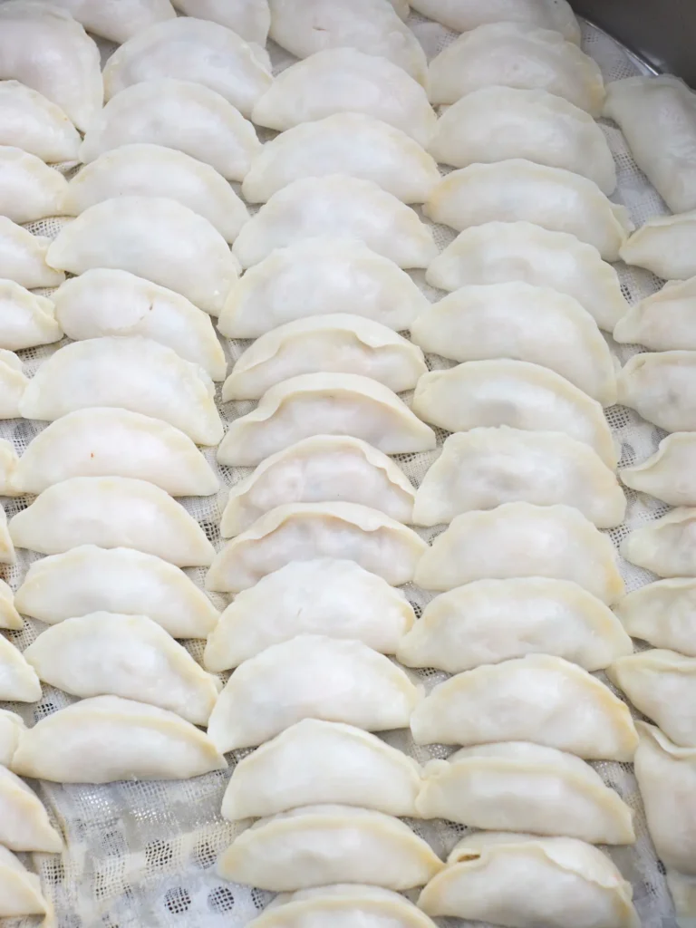 Reihen weißer, ungekochter Teigtaschen (gefüllte Dumplings) dicht nebeneinander auf Tuch ausgelegt.