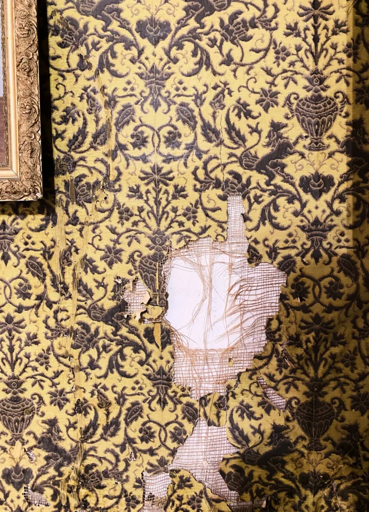 Beschädigte, gelb-schwarze Tapete mit ornamentalen Mustern; Riss zeigt freiliegendes Gewebe und Wand.