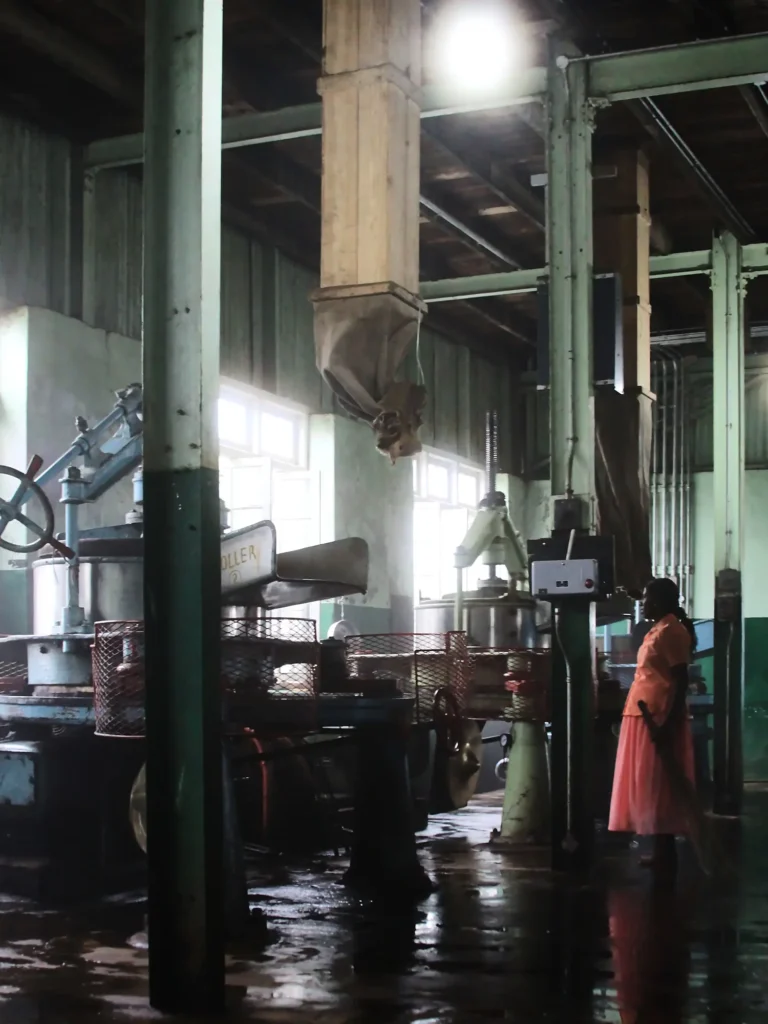 Industriehalle mit Maschinen, Säulen und einer Person im rosa Kleid zwischen den Anlagen.