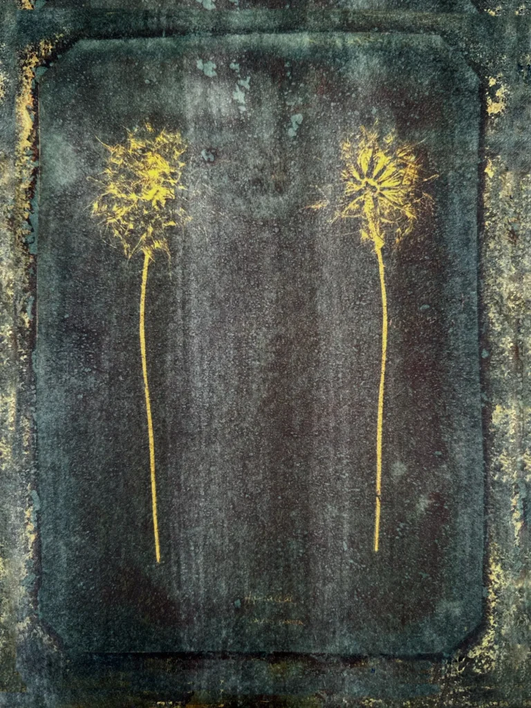 Botanisches Kunstwerk von Dietlind Wolf mit zwei goldgelben Pflanzenformen (Daucus carota) auf dunklem, strukturiertem Hintergrund – künstlerische Naturstudie über Symmetrie, Vergänglichkeit und organische Struktur.