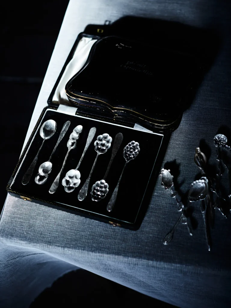 Offenes, schwarzes Etui mit silbernen Zierlöffeln in unterschiedlichen Formen, auf hellem Stoff arrangiert; gedämpftes, kontrastreiches Licht.