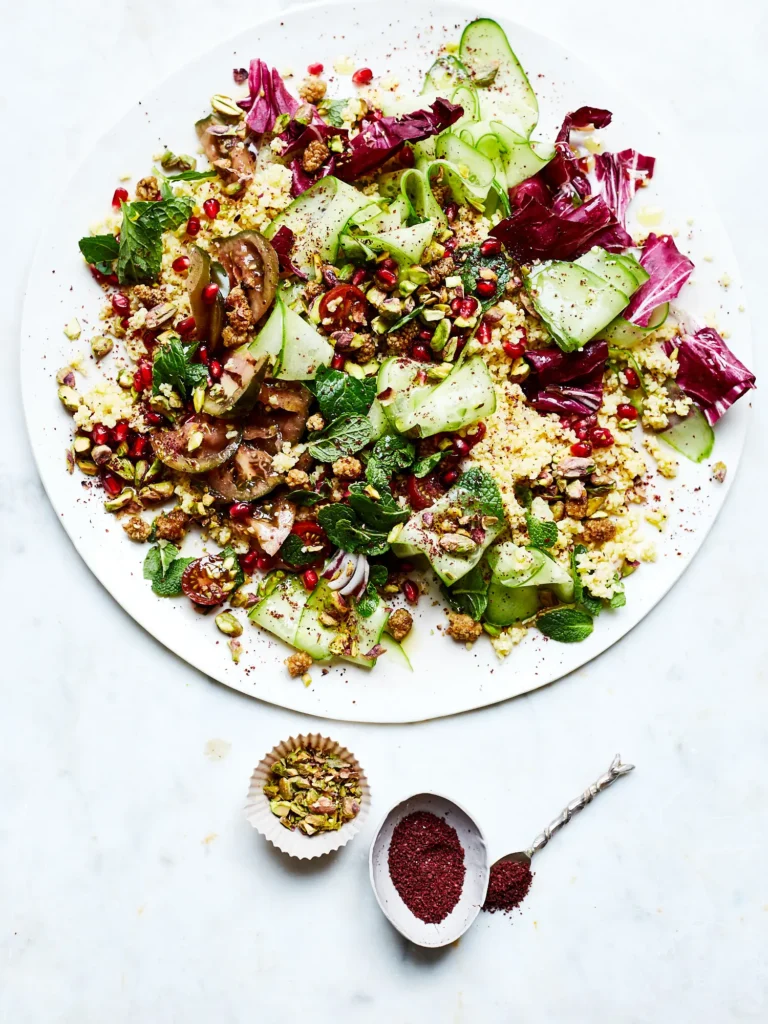 Farbenfroher orientalischer Salat mit Couscous, Gurkenbändern, Radicchio, Granatapfelkernen und Pistazien, serviert mit Sumach-Gewürz auf Marmor.